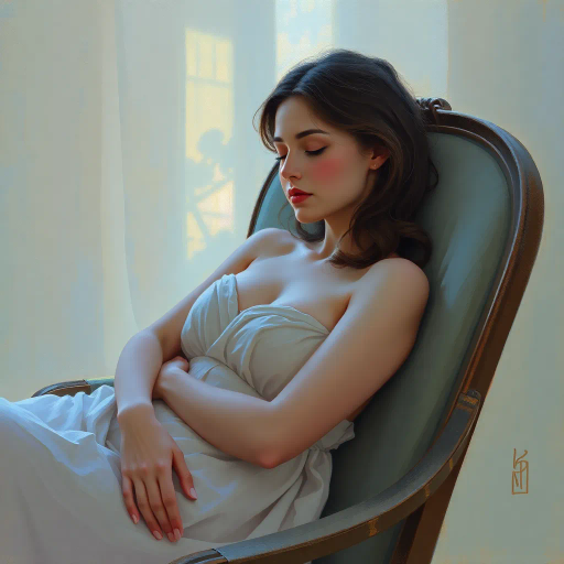 tranquil scene, woman, sleeping, seated on chair, delicate posture, soft ambient light, serene expression, gentle repose, impressionist touch, pastel colors, dreamlike atmosphere, elegant curves, calming mood, ethereal glow, romanticism, calm tranquility, subtle shadows, relaxed muscles, atmospheric depth, peaceful dreamscape, soothing composition, reposed stillness, intimate setting, classical influence, fine details, harmonious balance, reflective bliss, soothing aura