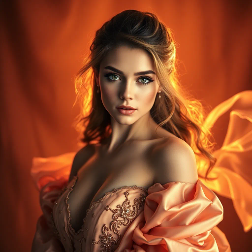 vibrant youth, alluring curves, radiant beauty, opulence, ethereal glow, contemporary allure, delicate elegance, Renaissance influence, chiaroscuro contrast, warm sunset hues, feminine grace, luxurious silk texture, enchanting gaze, sensuality, bold composition, sensual movement, modern aesthetic, beauty idealism, dynamic poses, Baroque opulence, mystical charm, captivating presence, intimate portrait, high detail, artistic celebration, confident expression, intricate detail, vibrant saturation, emotive lighting, harmonious balance, soft pastels, sculptural forms, fluid motion, ethereal allure, luminescent quality, refined craftsmanship, classical inspiration