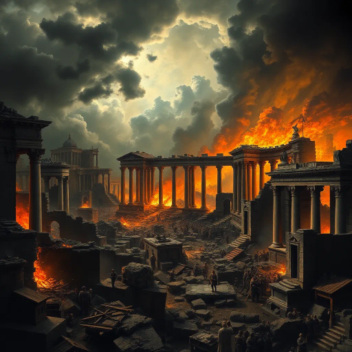 historical devastation, Alaric the Visigoth, ancient ruins, classical architecture, fiery inferno, chaos and turmoil, gothic shadows, sacking and looting, eternal city, Roman Empire, invasion, dramatic conflict, tumultuous skies, Rembrandt lighting, powerful emotions, ancient warfare, Caravaggio-inspired, chiaroscuro, symbolic destruction, fallen civilization, rich textures, monochromatic palette, intense drama, baroque influences, historical narrative, perspective of awe, melancholic atmosphere