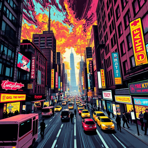 explosive cityscape, dynamic urban environment, chaotic buildings, bustling streets, vibrant colors, graphic novel style, exaggerated perspective, dramatic angles, action-packed scenario, high-energy composition, bustling metropolis, narrative-driven art, comic strip dynamism, intense line work, bold outlines, energetic storytelling, cultural vibrancy, imaginative city life, urban adventures