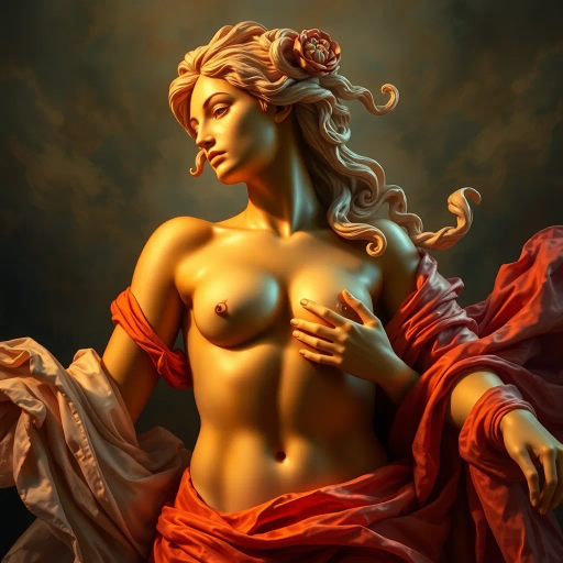 Renaissance elegance, vibrant palette, dynamic composition, sensual expression, ethereal lighting, Michelangelo influence, graceful curves, classic sculpture, baroque drama, rich textures, flowing fabrics, emotional depth, mythological aura, harmonious balance, golden hues, intricate detail, opulent atmosphere, timeless elegance, surreal dimensions, emblematic symbolism, majestic poise