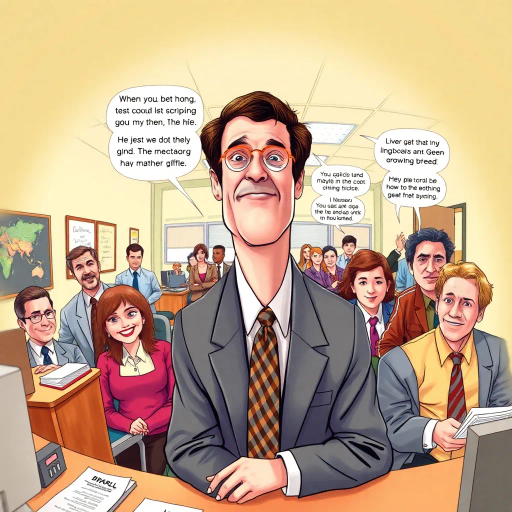 satirical humor, vibrant, Steve Carell, ensemble cast, mockumentary style, quirky, everyday life, work environment, subtle irony, character dynamics, Michael Scott, Dunder Mifflin, Scranton, Pennsylvania, documentary filming, 2000s television, comedic timing, deadpan expression, cultural phenomenon, witty banter, relatable humor, office antics, Dwight Schrute, office supplies, round camera angles, workplace relationships, pop culture, visual storytelling, exaggerated expressions, narrative panels, colorful dialogue, humor-infused, dynamic framing, illustrative technique, playful composition