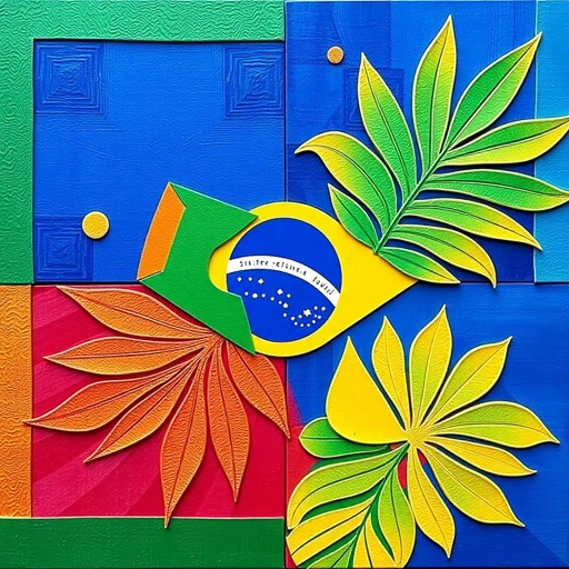vibrant colors, geometric shapes, cultural symbolism, rich textures, tropical influence, modern interpretation, national pride, intricate patterns, dynamic composition, bright green, vivid gold, deep blue, movement, contemporary style, Brazilian culture, Jorge Amado, playful textures, dimensional layering, abstract representation, optimism and unity