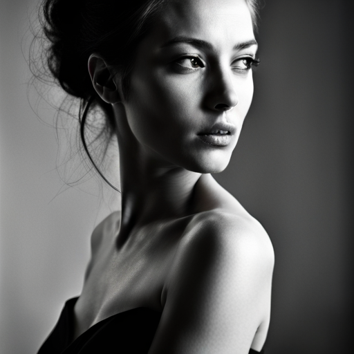 feminine strength, gracefulness, portrait, black and white, soft lighting, emotional expression, beauty, empowerment, contemporary, contrast, delicate features, monochrome, dramatic shadows, timeless elegance, chiaroscuro, Renaissance influence, ethereal mood, fine art, texture, simplicity photographic