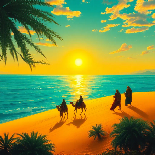 oasis, desert, mystical, camel riders, expansive horizon, shimmering heat waves, vibrant sunset, Claude Monet, surrealism, golden sands, turquoise waters, ethereal glow, Middle Eastern influences, motion, harmony, tranquility, detailed textiles, storytelling, adventure, mysticism, lush greenery, distant mountains, dynamic composition, flowing robes, Henri Rousseau, intricate patterns, exotic flora, reflective surfaces, light and shadow, atmospheric perspective, sense of wonder