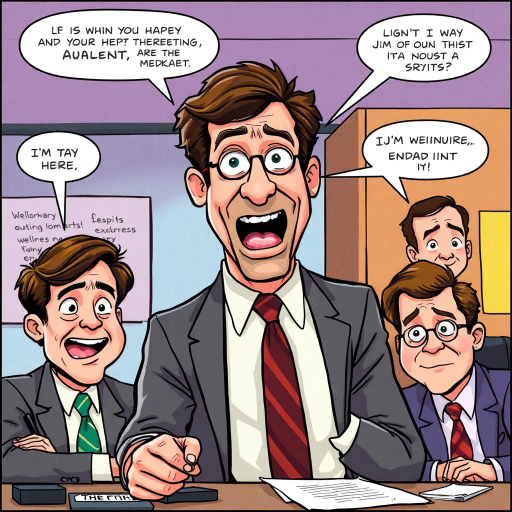 the office, TV show, Michael Scott, humorous portrayal, workplace comedy, dynamic expressions, vibrant colors, satirical humor, character study, pop culture icon, bold outlines, exaggerated features, television nostalgia, ensemble cast, office dynamics, cultural impact, workplace satire, expressive caricatures, vibrant palettes, panel storytelling, speech bubbles, exaggerated expressions, Jim Halpert, Dwight Schrute, sitcom legacy, comedic timing, playful narrative