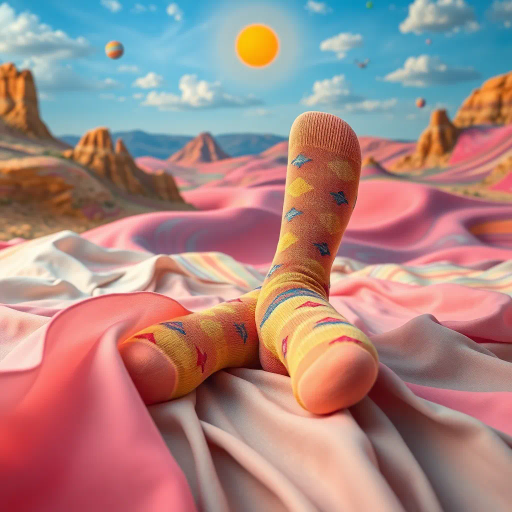 whimsical socks, surreal landscape, Salvador Dali influence, vibrant hues, dream-like setting, flowing fabric, detailed textures, playful patterns, pastel palette, soft lighting, imaginative forms, contemporary art, fluid movement, artistic spontaneity, playful spirit, surrealism elements, distorted reality, unexpected scale, fine details, unique presentation