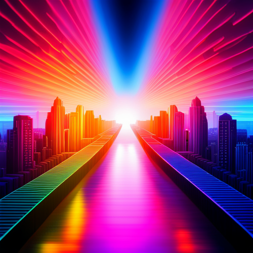 psychedelic colors, futuristic neon lights, megastructures, retrofuturism, cyberpunk, arcade machines, generation, chaos, digital sparks, rhythmical patterns