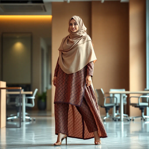 Arab woman, elegant hijab, professional setting, modern workplace, high heels, Middle Eastern culture, contemporary art, intricate patterns, vibrant colors, soft lighting, dynamic pose, cultural expression, delicate fabrics, office environment, confident demeanor, sophisticated fashion, grace and poise, diverse representation, cultural fusion, empowerment, modernism, Impressionism influences, human form, balance and harmony, Henri Matisse, modern elegance, intricate textile patterns, vibrant aesthetic, global influence, artistic expression, dignity and strength, atmospheric composition, elegant lines, harmonious palette, seamless integration, modern artistry