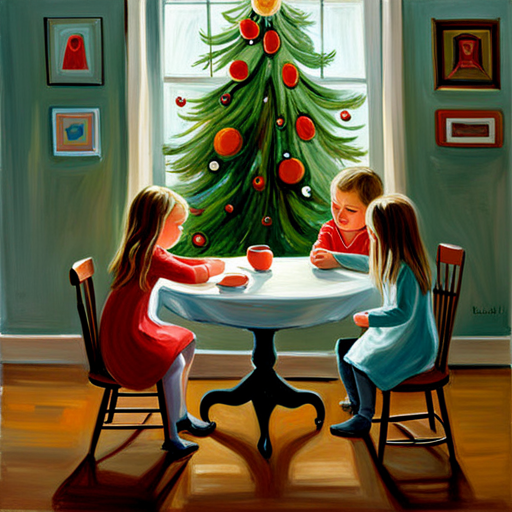 children, table, christmas tree, Laura Muntz Lyall, fine art, cgsociety, american impressionism, impressionism, oil on canvas, detailed painting, vibrant colors, soft lighting, nostalgic atmosphere, brushwork, holiday spirit