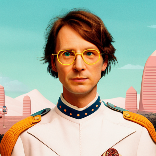 futuristic, artificial intelligence, Wes Anderson cinematic style, quirky, pastel colors, symmetrical, retro-futurism, vintage tech, whimsical, droll humor, meticulously crafted, miniature scale, isolated protagonists