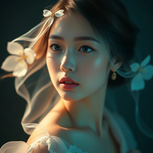 ethereal beauty, youthful elegance, radiant glow, enchanting allure, soft lighting, realistic textures, delicate features, serene expression, dynamic composition, pastel color palette, impressionism, chiaroscuro, emotional depth, contemporary fashion, cultural influences, graceful posture, flowing lines, symbolic elements, harmony, captivating gaze, high detail, modern muse, art nouveau, serene atmosphere