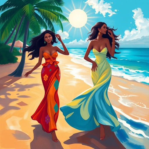 elegant figures, beach setting, vibrant colors, impressionistic style, inspired by Henri Matisse, flowing sands, tropical atmosphere, dynamic poses, radiant sunlight, azure waves, soft brush strokes, serenity, joy, cultural diversity, vibrant patterns, natural grace, warm hues, playful elegance, nuanced femininity, carefree spirit, summer ambiance, fluid lines, artistic freedom, idyllic scenery, radiant warmth, contemporary blend