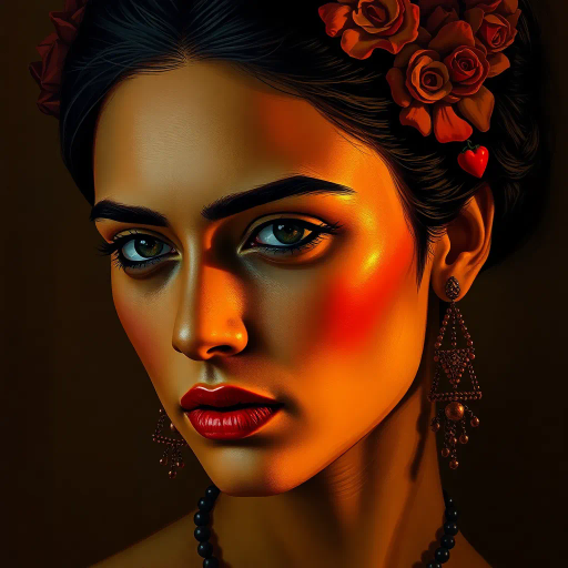 Latino woman, captivating, allure, Diego Rivera, contemporary elegance, chiaroscuro lighting, dynamic composition, vibrant colors, smooth textures, oil painting technique, cultural richness, expressive mood, three-quarter view, flowing movement, rich heritage, intimate scale, natural materials, focused framing, organic shapes, delicate line quality, symbolic expression, spacious setting, modern time period, intricate detail, artistic synthesis, intentional presentation