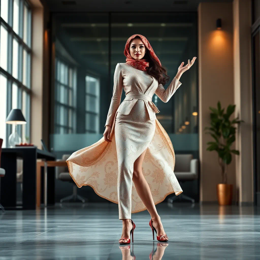 elegant Arab woman, sophisticated hijab, modern workplace, professional attire, high heels, Middle Eastern influence, contemporary art, intricate patterns, vibrant colors, soft lighting, dynamic pose, Impressionism influences, delicate fabrics, confident and empowering presence, cultural expression, diverse representation, cultural fusion, modernism, grace and poise, harmony, balance, cultural narrative, advanced digital techniques, refined textures, bold symbolism, inspired by Gustav Klimt, Art Nouveau elegance, surreal lighting, empowered femininity, rich textures, fluid movement, intricate details, cultural symbolism, confident aura, dynamic composition