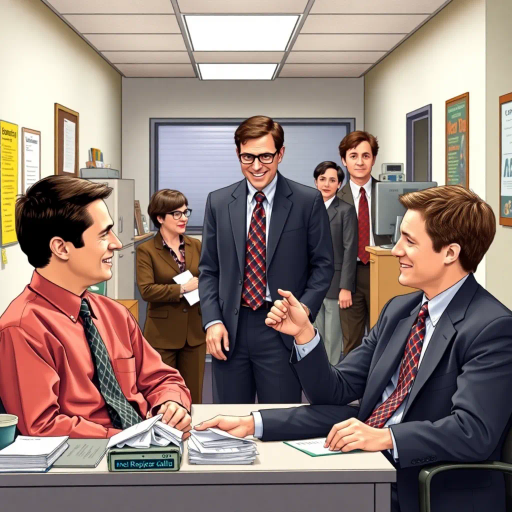 satirical, workplace comedy, 2000s television, vibrant characters, humorous interactions, Michael Scott, Jim Halpert, Dwight Schrute, sardonic wit, office dynamics, banter, mundane setting, Scranton, paper company, unconventional storytelling, ensemble cast, mockumentary style, Steve Carell, quirky relationships, deadpan humor, varied personalities, narrative arcs, expressive body language, exaggerated emotions, bright lighting, cheerful ambiance, subtle social commentary, scenographic composition
