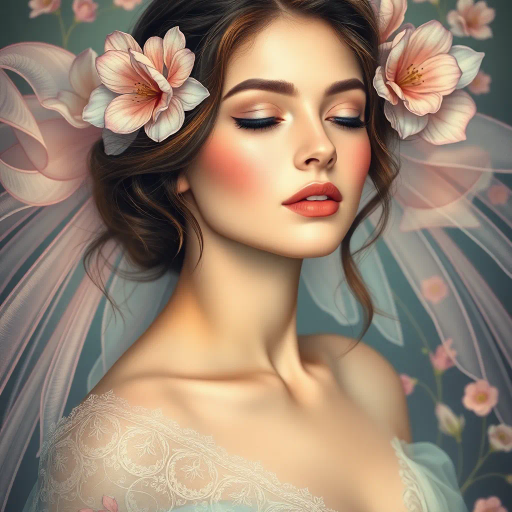 elegant, ethereal beauty, inspired by alfons mucha, art nouveau, soft pastels, delicate curves, intricate details, flowing lines, divine femininity, serene expressions, luminous skin, gentle allure, classic elegance, timeless grace, floral motifs, romanticism, subtle sensuality, ambient glow, sophisticated charm, natural form, organic textures, soft focus, harmonious design, intimate portraiture, visual poetry, artistic refinement