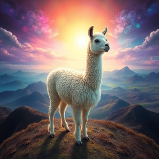 majestic llama, surreal landscape, dramatic lighting, detailed fur texture, enchanting colors, Salvador Dali influences, ethereal glow, mystical presence, vibrant pastels, intricate wool patterns, luminous aura, dreamlike setting, sweeping panoramic view, whimsical essence, mythical creatures, otherworldly terrain, soft and diffuse shadows, playful innocence, elegant posture, transcendent beauty, imaginative environment