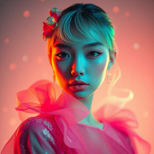 androgynous beauty, whimsical fantasy, vibrant color palette, ethereal glow, delicate features, surrealism influence, soft pastel tones, elegant pose, celestial ambient lighting, enchanting atmosphere, intricate details, contemporary fashion, dreamlike expression, inspired by Yoshitaka Amano, fluid movement, cultural blend of east and west, sophisticated ornamentation, modern mysticism, soft line quality, gentle elegance