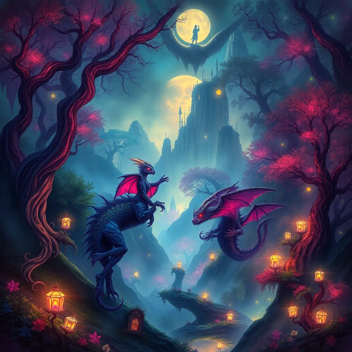 mythical landscapes, ethereal glow, surreal enchantment, Franzetta influences, Art Nouveau curves, vibrant jewel tones, intricate detailing, dynamic movement, mystical creatures, fog and mystery, twilight ambiance, enchanted forests, timeless enchantment, magic realism, imaginative worlds, vivid storytelling, enchanted fantasy realms, luminous colors, dreamlike atmosphere, visual poetry