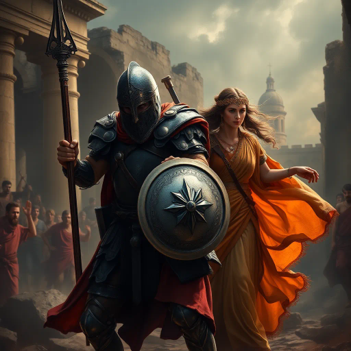 ancient Rome, Sack of Rome 410 CE, Visigothic warrior, Roman lady, dramatic tension, historical narrative, epic composition, chiaroscuro lighting, rich textures, vivid colors, romanticism, classicism, dramatic movement, cultural clash, historical saga, detailed armor, flowing Roman robes, emotional intensity, symbolic imagery, layered composition, heroic scale, classical architecture backdrop, dynamic interactions, historical realism, artistic storytelling, power and grace, clash of civilizations, evocative mood, intricate detailing, timeless conflict, artistic depth, dramatic contrast