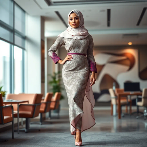 Arab woman, elegant hijab, professional setting, modern workplace, high heels, Middle Eastern culture, contemporary art, intricate patterns, vibrant colors, soft lighting, dynamic pose, cultural expression, delicate fabrics, office environment, confident demeanor, sophisticated fashion, grace and poise, diverse representation, cultural fusion, empowerment, modernism, Impressionism influences, human form, balance and harmony, Henri Matisse, modern elegance, intricate textile patterns, vibrant aesthetic, global influence, artistic expression, dignity and strength, atmospheric composition, elegant lines, harmonious palette, seamless integration, modern artistry