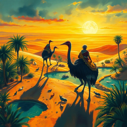 oasis, desert landscape, cassowary riders, surreal journey, Henri Rousseau influence, impressionist brushstrokes, vivid color palette, golden sunlight, mirage effects, dynamic composition, whimsical atmosphere, tropical vegetation, dramatic shadows, expansive horizon, cultural fusion, dreamlike scenario, detailed textures, symbolic fauna, mystic ambiance, imaginative realism, ethereal landscape, adventurous spirits, exotic wildlife, tranquil pools, exploratory perspective, ancient warriors, clad in animal skins, desert horizon, dramatic light, epic scale, imaginative mythological narrative, prehistoric landscape, tribal culture, intense atmosphere, surreal imagery, panoramic view, mystical aura, primal energy, textured surfaces, cinematic framing, untamed wilderness, rich detail
