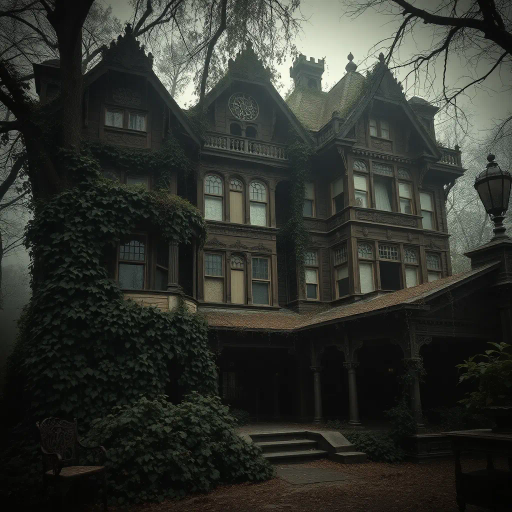 abandoned Victorian mansion, overgrown ivy, intricate woodwork, gothic architecture, dramatic lighting, misty atmosphere, surrealism, decay, Tim Burton influence, cobweb textures, hidden mysteries, romantic ruin, Victorian era, antique furniture, faded opulence, melancholic nostalgia, high detail, atmospheric depth, dilapidated elegance, mystery and allure, historical aura, vintage charm, magical realism, rich symbolism, chiaroscuro, Baroque influences, ethereal, dreamlike, twilight hues, sepia tones, forgotten history, storytelling, eerie stillness, muted earth tones, shadows and highlights, enigmatic, romantic storytelling, immersive narrative