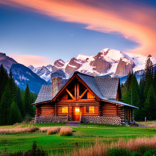 majestic, serene, landscape, peaceful, remote, solitude, cozy, rustic, wooden cabin, mountains, nature, escape, retreat, tranquility, forest, trees, snow-capped peaks, scenic enhance