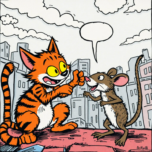 whimsical tale, feline protagonist, rodent antagonist, Art Spiegelman, playful conflict, dynamic composition, vibrant colors, bold outlines, narrative storytelling, graphic novel style, expressive characters, adventure, mischief, urban landscape, intricate details, engaging narrative, interaction, movement, light-hearted humor, exaggerated expressions, daring escapades, cultural folklore, friendship, rivalry, textured shading, comic strips, visual humor, animated scene, vibrant hues, contrasting colors, sequential art, humorous tone, character-driven, anthropomorphic, urban setting, visual narrative, emotional depth, artistic storytelling, engaging and playful