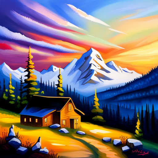 misty mountains, cozy cabin, tranquil lake, pine trees, snow-capped peaks, nature's serene beauty, winter wonderland, wilderness escape, rustic charm, frosty breath, idyllic scenery, alpine retreat, peaceful solitude, moonlit sky, warm glow, accentuated textures, atmospheric depth, immersive experience, digital brushstrokes, custom brushes, high resolution, scenic landscape, ethereal aura