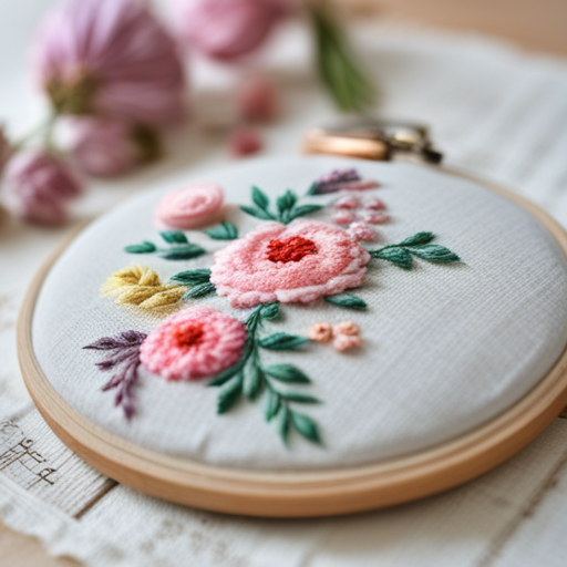 soft pastels, delicate flowers, intricate stitching, embroidery, textile art, vintage, feminine, handcrafted, floral motifs, decorative, dainty, needlework, fabric, thread, needle, needlepoint, tapestry, sewing, craftmanship, stitchery