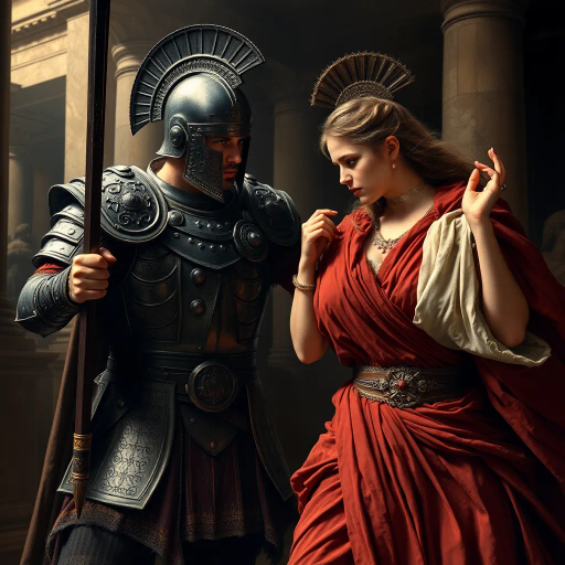 ancient Rome, Sack of Rome 410 CE, Visigothic warrior, Roman lady, dramatic tension, historical narrative, epic composition, chiaroscuro lighting, rich textures, vivid colors, romanticism, classicism, dramatic movement, cultural clash, historical saga, detailed armor, flowing Roman robes, emotional intensity, symbolic imagery, layered composition, heroic scale, classical architecture backdrop, dynamic interactions, historical realism, artistic storytelling, power and grace, clash of civilizations, evocative mood, intricate detailing, timeless conflict, artistic depth, dramatic contrast