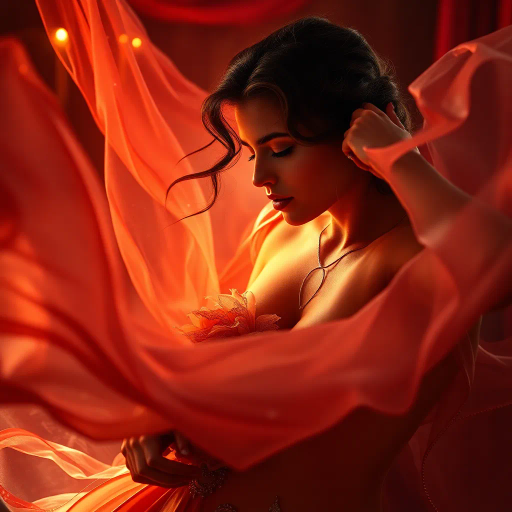 sensual allure, ethereal beauty, romanticism, vibrant hues, flowing textures, delicate nuances, soft lighting, intimate ambiance, dramatic chiaroscuro, Fragonard influence, Rococo elegance, shimmering silk, Baroque opulence, captivating gaze, fluidity of movement, passionate embrace, luxurious fabrics, ornate details, grand gestures, emotional depth, classical resonance, warm palette, mystical enchantment, timeless elegance
