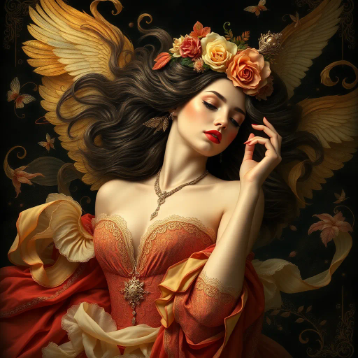 ethereal goddess, renaissance-inspired, chiaroscuro lighting, serene expression, surrealism, bold brushstrokes, celestial colors, flowing robes, delicate textures, vibrant jewel tones, intricate detailing, mystical aura, vaporwave influences, dreamlike atmosphere, novel perspective, modern reinterpretation, dynamic composition, timeless elegance, abstraction, metaphorical essence