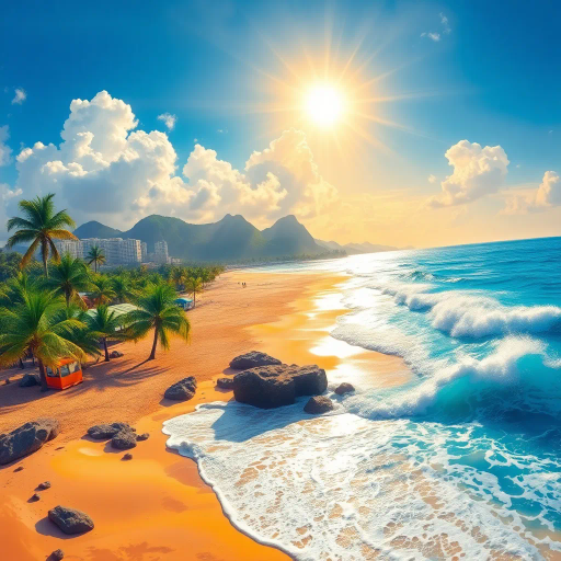 vibrant beachscape, Rio de Janeiro, sunlit shore, dynamic waves, lush palm trees, carnival atmosphere, Claudio Valran influence, tropical flair, azure waters, golden sands, rhythmic samba movement, cultural richness, festive colors, expansive sky, light-hearted mood, immersive perspective, intricate patterns, coastal harmony, radiant sunlight, high detail, expressive brushstrokes, warmth and energy, joyful exuberance, Latin American essence, lively composition