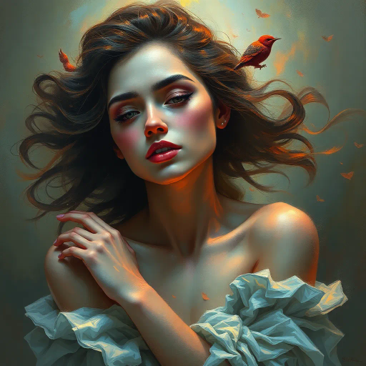 ethereal woman, renaissance lighting, dramatic contrasts, vibrant hues, delicate textures, impressionist influences, emotionally evocative, modern twist, surrealism undertones, dynamic composition, fluid movement, Baroque era inspiration, intricate details, fantastical elements, cultural richness, harmonious balance, mythical aura, expressive gesture, lively ambiance, magical realism, soft brushstrokes, timeless beauty