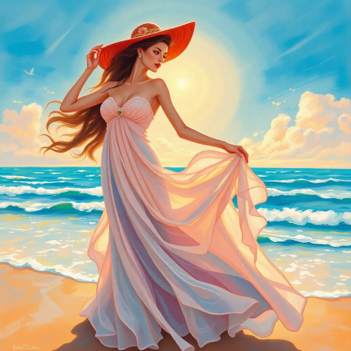 graceful, ethereal, sunlit, renaissance, Botticelli-inspired, vibrant colors, flowing fabric, soft contours, abstract realism, oceanic background, azure hues, delicate brushstrokes, dynamic composition, sun-kissed, serene expression, liberating movement, artistic nudity, impressionistic textures, harmonious balance, timeless beauty, emotive palette, chiaroscuro lighting, cultural diversity, immersive perspective, transcendent elegance, radiant illumination, ethereal glow, harmonious rhythm, soft transitions, sublime light, cultural tapestry, visual poetry, serene harmony, dreamlike atmosphere, radiant illumination, dynamic composition, emotive palette