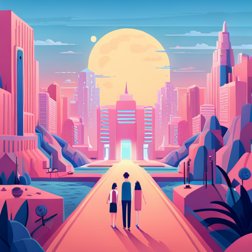 saturated color palette, symmetrical framing, quirky characters, retro-futuristic design, AI technology, sci-fi influences, futuristic architecture, playful tone