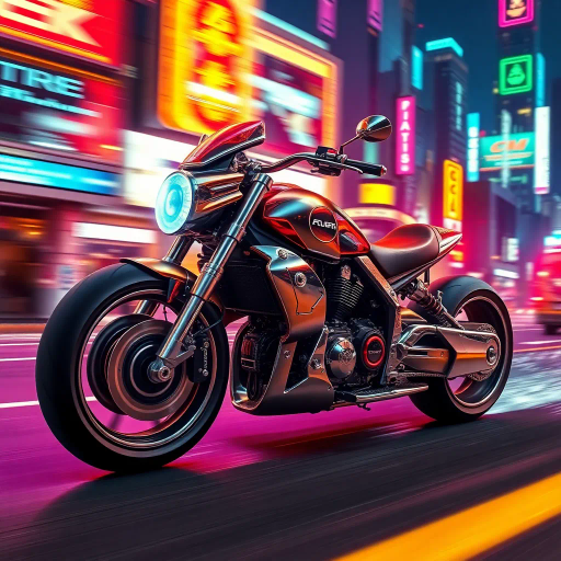 futuristic motorcycle, sleek design, dynamic movement, vibrant neon lighting, retro-futurism aesthetics, Ralph McQuarrie, cyberpunk cityscape, speed and energy, chrome finishes, intricate mechanical details, kinetic composition, bold contrasts, urban night setting, digital rendering techniques, motion blur, concept art, streamlined form, synthetic materials, high contrast shadows, immersive environment, Akira inspiration, Blade Runner ambiance, luminous reflections, electric hues, cutting-edge technology, dusk ambiance, cinematic angles, futuristic metropolis, pulsating vibrancy