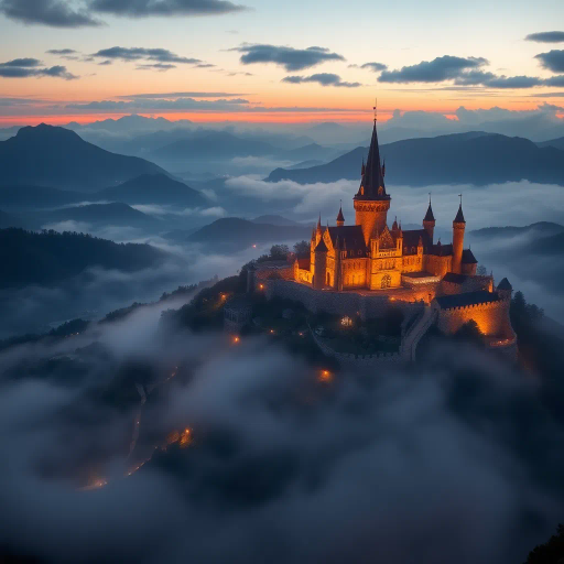 medieval cityscape, glowing twilight, perched on hilltop, vibrant colors, Claude Lorrain influence, golden hour lighting, ethereal atmosphere, lush landscapes, towering spires, intricate architecture, cobblestone streets, panoramic views, sweeping vistas, rich texture, romanticism, detailed engravings, enchanting aura, timeless beauty, serene ambiance, historical roots, narrative storytelling, mystical realm, elevated perspective, imaginative vision, dreamlike setting, magical realism, atmospheric haze, visual poetry, harmonious balance, artistic expression, visionary landscape, fantasy essence, enchanting visuals, Claude Monet inspiration, Baroque influence, tapestry of color, luminous glow, enchanting spell, whimsical charm, historical narrative, romantic era, pastel hues, soft shadows