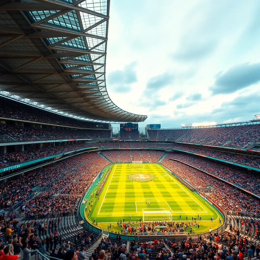 majestic, football stadium, panoramic view, vibrant energy, modern architecture, vast crowd, immersive atmosphere, dynamic lighting, vivid colors, iconic sports venue, dramatic sky, high-detailed textures, lively movement, cultural spectacle, wide-angle perspective, epic scale, contemporary design, exhilarating moment, sporting tradition, architectural grandeur