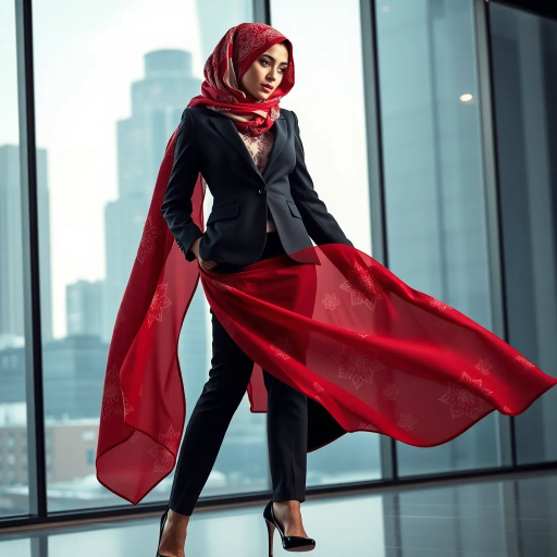 Arab woman, elegant hijab, professional setting, modern workplace, high heels, Middle Eastern culture, contemporary art, intricate patterns, vibrant colors, soft lighting, dynamic pose, cultural expression, delicate fabrics, office environment, confident demeanor, sophisticated fashion, grace and poise, diverse representation, cultural fusion, empowerment, modernism, Impressionism influences, human form, balance and harmony, Henri Matisse, modern elegance, intricate textile patterns, vibrant aesthetic, global influence, artistic expression, dignity and strength, atmospheric composition, elegant lines, harmonious palette, seamless integration, modern artistry