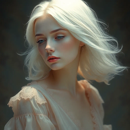 ethereal woman, medium white hair, whimsical, ethereal lighting, Vermeer influence, baroque hints, soft highlights, Renaissance elegance, surreal composition, pastel tones, gentle textures, smooth brushstrokes, delicate expressions, serene mood, classical framing, flowing movement, introspective gaze, intricate patterns, harmony and balance, subtle symbolism, dreamlike atmosphere, art of Vermeer, baroque period, renaissance art, mid-century modern, soft pastel palette, gentle and smooth, serene and introspective, flowing and balanced, surreal and dreamlike