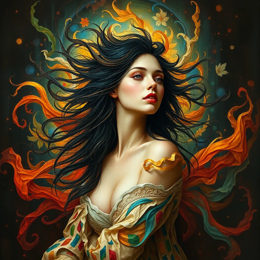 ethereal goddess, renaissance-inspired, chiaroscuro lighting, serene expression, surrealism, bold brushstrokes, celestial colors, flowing robes, delicate textures, vibrant jewel tones, intricate detailing, mystical aura, vaporwave influences, dreamlike atmosphere, novel perspective, modern reinterpretation, dynamic composition, timeless elegance, abstraction, metaphorical essence