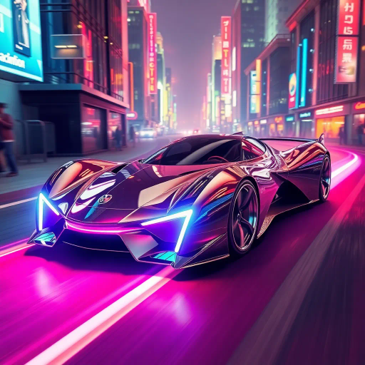 futuristic car design, sleek lines, chrome finish, vibrant neon highlights, dramatic lighting, dynamic movement, aerodynamic shape, retro-futurism, precision engineering, urban environment, concept art, high-tech materials, hyper-realistic detailing, modern aesthetics, speed and agility, metallic textures, ambient atmosphere, avant-garde composition, illuminated cityscape, art deco influences
