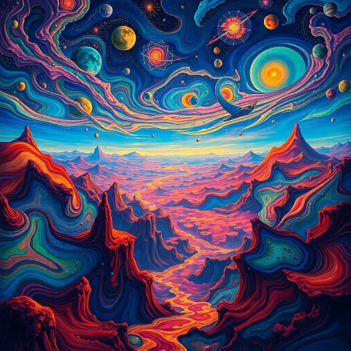 surreal dreamscape, ethereal vistas, Salvador Dali influence, vibrant hues, whimsical patterns, cascading shapes, luminous glow, endless horizon, imaginative narrative, dynamic flow, fantastical elements, vivid contrast, artistic storytelling, intriguing symbolism, immersive perspective, mesmerizing textures, celestial bodies, mystical ambiance, intricate details, expansive space