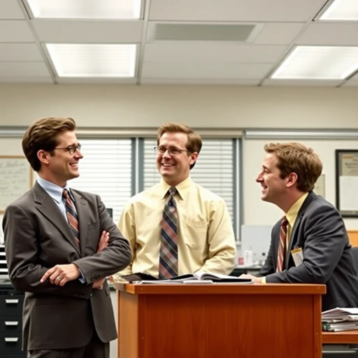 satirical, workplace comedy, 2000s television, vibrant characters, humorous interactions, Michael Scott, Jim Halpert, Dwight Schrute, sardonic wit, office dynamics, banter, mundane setting, Scranton, paper company, unconventional storytelling, ensemble cast, mockumentary style, Steve Carell, quirky relationships, deadpan humor, varied personalities, narrative arcs, expressive body language, exaggerated emotions, bright lighting, cheerful ambiance, subtle social commentary, scenographic composition