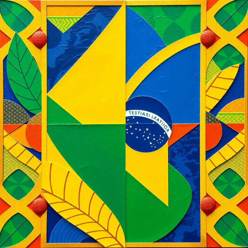 vibrant colors, geometric shapes, cultural symbolism, rich textures, tropical influence, modern interpretation, national pride, intricate patterns, dynamic composition, bright green, vivid gold, deep blue, movement, contemporary style, Brazilian culture, Jorge Amado, playful textures, dimensional layering, abstract representation, optimism and unity