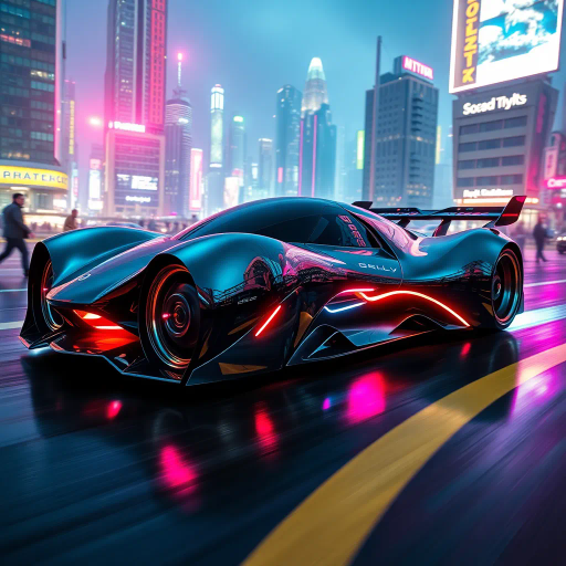 futuristic car design, sleek lines, chrome finish, vibrant neon highlights, dramatic lighting, dynamic movement, aerodynamic shape, retro-futurism, precision engineering, urban environment, concept art, high-tech materials, hyper-realistic detailing, modern aesthetics, speed and agility, metallic textures, ambient atmosphere, avant-garde composition, illuminated cityscape, art deco influences